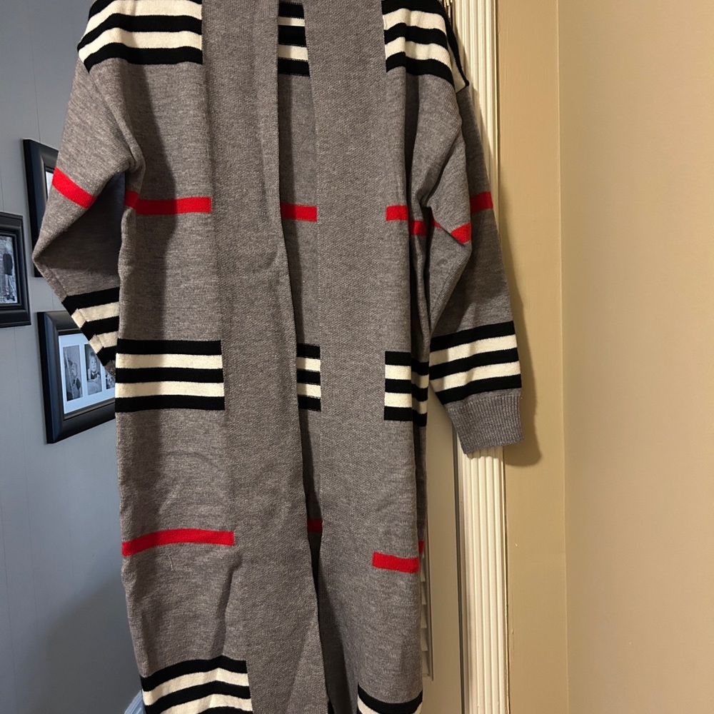 Gray Striped Open Cardigan